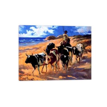 Imagem de Impressão em tela famosa reprodução - arte de parede para decoração moderna de sala de estar (bois na praia) tela emoldurada 60x80cm-23x31in