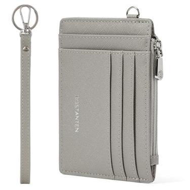 Imagem de BOSTANTEN Carteira pequena feminina de couro RFID, porta-cartões de crédito, carteira fina com bolso com zíper, Cinza, Chaveiro incluído