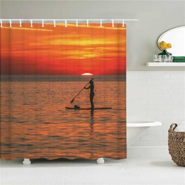 Imagem de Cortina de chuveiro de tecido Sunlight Ocean Beach Cortinas de banheiro Sunset Dusk Sea Tamanho grande 300x180CM Tela de banho com 12 ganchos, 5035L, L210xA180cm