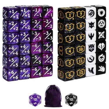 Imagem de FourDragons 50 Pieces Abilities Keywords Counter Dice Set, MTG Dice +1/+1 Life Counter Creature Stats Buff Tokens, Compatible with MTG, TCG, Magic Card Games Accessories