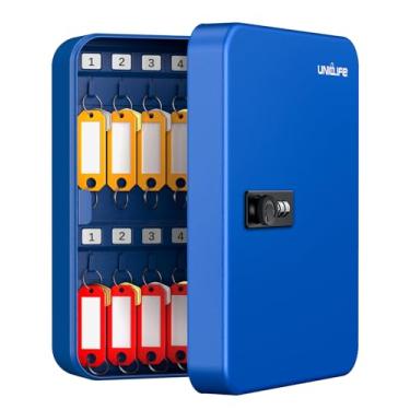 Imagem de Uniclife Armário de chave de aço de 28 chaves com código redefinível, organizador de chaves montado na parede azul com cadeado de combinação, caixa de segurança digital com ganchos e identificadores