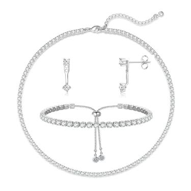 Imagem de Luxval Conjunto de colar de tênis para mulheres, brincos de diamante, pulseiras de tênis, colar de prata esterlina, conjuntos de joias de prata para mulheres, joias de casamento para presente de noiva