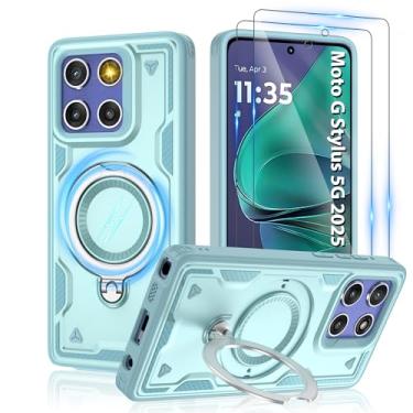 Imagem de Capa magnética para Motorola Moto G Stylus 5G 2025, compatível com MagSafe e [protetor de tela HD × 2], suporte giratório de metal, proteção anti-impressão digital à prova de queda de grau militar
