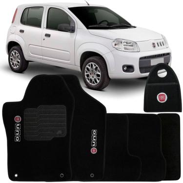 Imagem de Jogo Tapete Automotivo Carpete + Lixeira Fiat Uno 2011 à 2018 Soft Logo Bordado Preto 6 Peças