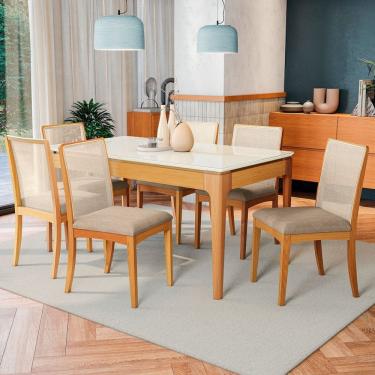 Imagem de Mesa de Jantar 6 Lugares Avenna com Vidro Madeira Maciça Off White/Marrom Claro - Kappesberg