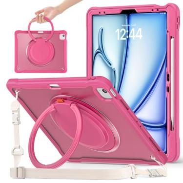 Imagem de ACEMO Capa para iPad Air de 13 polegadas M3/M2 iPad Pro 12.9 6ª 5ª 4ª geração com alça giratória de 360°, alça de ombro, suporte para lápis, capa robusta para iPad Air 13 2025 2024, rosa vermelha