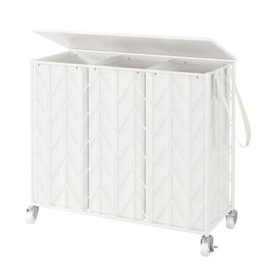 Imagem de WOWLIVE Cesto de roupa suja com rodas, cesto de roupa suja de 142 L, 3 seções com tampa, cesto de roupas sujas com sacos removíveis, organizador de cesta de lavanderia feito a ferro de grande