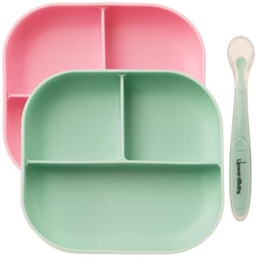 Imagem de UpwardBaby Conjunto de 2 pratos e colheres para bebês - Placas de sucção divididas de silicone para bebês, crianças pequenas e crianças - menos bagunça, conjunto de alimentação de pratos de comida