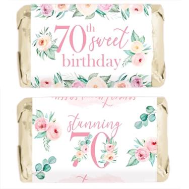 Imagem de Floral 70th Birthday Party Favor Stickers for Mini Candy Bars, Light Pink and Rose Themed Birthday Party Wrapper Labels for Guest - 42 Count