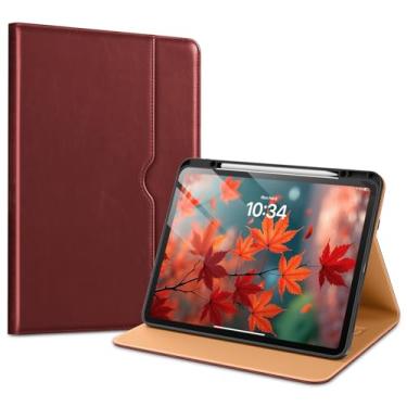 Imagem de VIKESI Capa para iPad Pro 13 (M4) 2024, capa de couro com suporte para Apple Pencil, despertar/hibernar automaticamente, vários ângulos de visualização, alça e bolso embutidos, vermelho vinho
