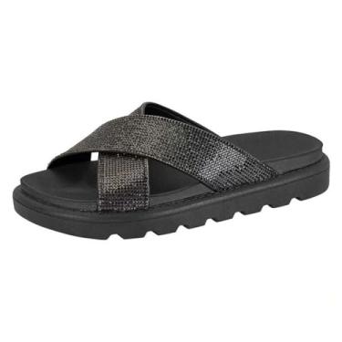 Imagem de Rasteira Vizzano Flatform Papete Feminina Tira Larga Strass (34, Preto)