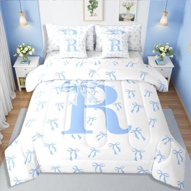 Imagem de Erosebridal Jogo de cama solteiro fofo de desenho animado com laço kawaii, letra R, azul, fada princesa, conjunto de cama para crianças, meninas, moderno, simples, estética