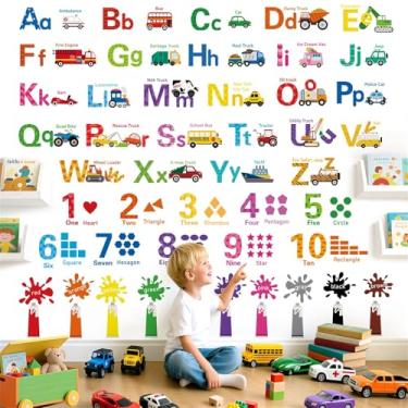 Imagem de decalmile Adesivos de parede de veículo de transporte alfabeto números inspiradores letras ABC decalques de parede crianças sala de jogos escola biblioteca sala de aula decoração de casa
