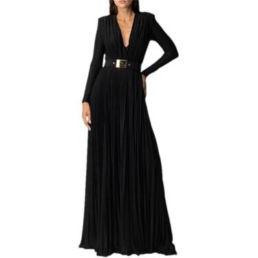 Imagem de Plissado Sólido Profundo Decote Em V Vestido De Noite Feminino Com Cinto Com Cinto De Manga Comprida Vestido De Baile, Black, M