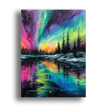 Imagem de Zariocy Kits de arte de diamante 5D para adultos Aurora Lake, pintura de diamante DIY arte de paisagem redonda broca completa diamante bordado pinturas artísticas artesanato para decoração de parede