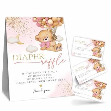 Imagem de Baby shower Diaper Raffle Game Kit - Moon Bear & Balloons 1 Standing Sign & 50 Tickets, Decoration For Baby Shower, Gender Reveal, Baby Announcement(Pink) - B04