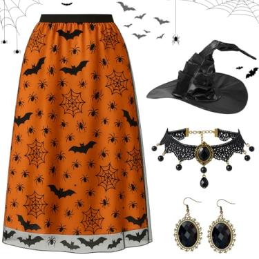 Imagem de Yearntown Conjunto de 4 peças de acessórios de fantasia de Halloween saia longa de malha franzido chapéu de bruxa gótico conjunto de brincos gargantilha para festa (laranja, GG)