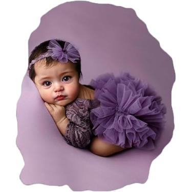 Imagem de Ylsteed Roupas de sessão de fotos para meninas recém-nascidas, macacão elástico de renda com faixa de cabeça - Roupa fotográfica elegante e linda - roxo