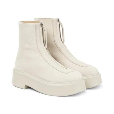 Imagem de Coutgo Bota feminina plataforma no tornozelo confortável salto baixo Chelsea botas casuais de outono com zíper frontal, Bege, 37