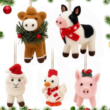 Imagem de Thyle Conjunto de 5 peças de enfeites de animais de feltro de lã de Natal para pendurar porco, vaca, galinha, ovelha e cavalo, decoração de Natal, árvore fofa, decoração de casa para artigos de festa