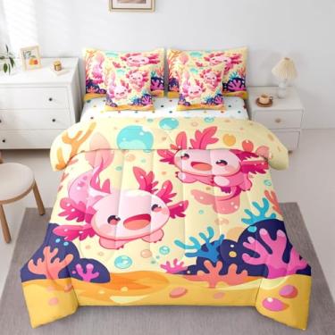 Imagem de Erosebridal Conjunto de cama tamanho casal Axolotl de desenho animado de 7 peças para crianças, meninas e adolescentes, conjunto de edredom com axolote rosa com lençóis, cama de animal marinho fofo em
