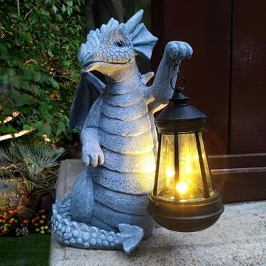 Imagem de Estátuas de dragão para decoração de jardim solar com lanterna solar, estatueta de dragão, decorações ao ar livre para quintal, gramado, pátio, varanda, arte peculiar, presente de inauguração de casa