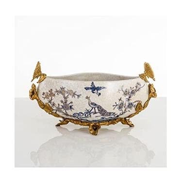 Imagem de SUNESA Fruteira Cerâmica Fruteira Chinesa Retro Pintada à Mão Prato de Frutas Decoração de Casa Porcelana Embutida Cobre Artesanato Tigela de Doces Cesta de Frutas (Cor: Latão)