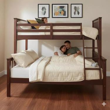 Imagem de Beliche Casal Alta De Madeira Com Grade De Proteção E Escada - Móveis 