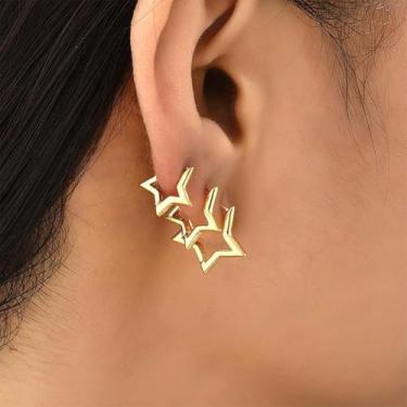 Imagem de 3 pares de brincos de argola de estrela para mulheres banhados a ouro prata brincos de pentagrama modernos joias presentes, One Size, Cobre, Sem pedra preciosa