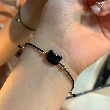 Imagem de 3 peças, pulseira de obsidiana para casais, gatos, amuletos de pedra da lua, preto, vermelho, pulseiras de corda feitas à mão, One Size, Resina, Sem Pedra Preciosa