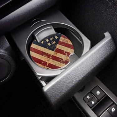 Imagem de Porta-copos vintage com bandeira americana para carro, conjunto com 2, bandeira dos EUA, retrô, branca, vermelha, azul, pedra de cerâmica absorvente, porta-copos para bebidas com entalhe de dedo para