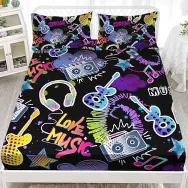 Imagem de XYNHML Jogo de lençol com elástico com 3 peças, Queen com notas musicais e rádio, para crianças, adolescentes, meninos, adultos, lençol com elástico + 1 lençol com elástico + 2 fronhas, sem lençol de