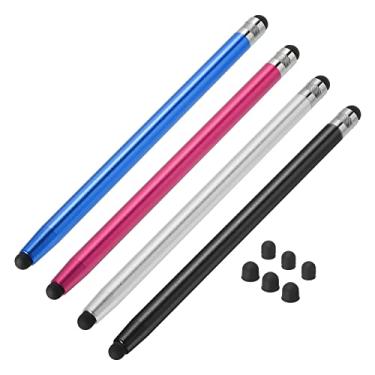 Imagem de 4 canetas Stylus para telas sensíveis ao toque com 8 pontas extras, pontas duplas de borracha, caneta capacitiva, universal, tablet, sensibilidade, precisão, prata, vermelho, preto, azul