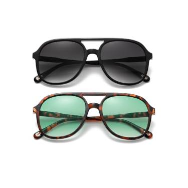 Imagem de (Pacote com 2) Óculos de sol aviador retrô para mulheres e homens, clássicos, anos 70, vintage, moderno, quadrado, aviadores, Preto brilhante + carapaça de tartaruga gradualmente verde