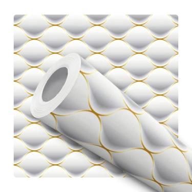Imagem de Papel de Parede Adesivo Abstrato Efeito 3D Branco Dourado Moderno Quar