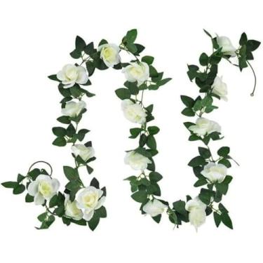 Imagem de Guirlanda de Flores Com Rosas 2m Corda Artificial Decoração cerejeira guirlanda de natal Para decorações de Natal(Branco)