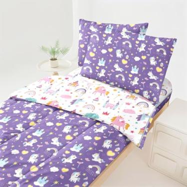 Imagem de Dearller Jogo de cama solteiro com zíper roxo unicórnio para meninas, tudo em um, roupa de cama infantil com zíper