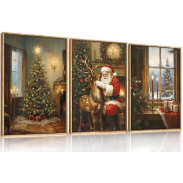 Imagem de Ausril Conjunto de 3 arte de parede de Natal vintage, pintura de neve de rena de Papai Noel, arte de janela de vela de árvore iluminada para sala de estar, quarto, lareira, presentes de Natal para