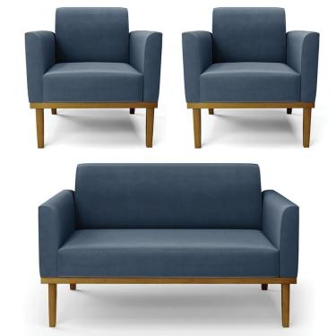 Imagem de Sofá Namoradeira E 2 Poltronas Base Madeira Castanho Maressa Suede Azul Marinho - Ibiza