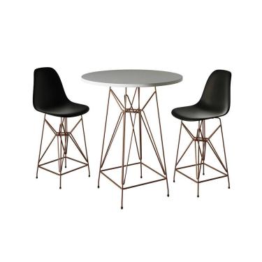Imagem de Jogo Mesa Bistrô Eames Eiffel Amêndoa 60Cm 2 Banquetas Preta Base Ferro Cobre - Cor: Marrom