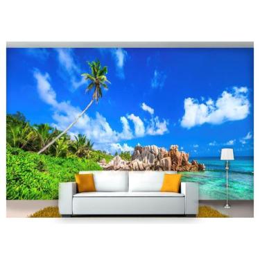Imagem de Papel De Parede Praia Mar Coqueiro Pedras 3D Npr191 - Você Decora