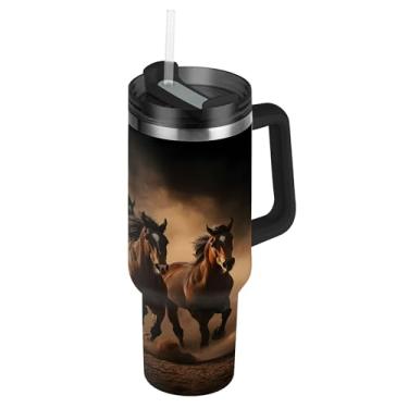 Imagem de SEHANY Copo Majestic Horse de 850 g com tampa e canudo, aço inoxidável de vácuo duplo isolado garrafa de água esportiva suporte de copo de café de viagem à prova de vazamento para bebida gelada
