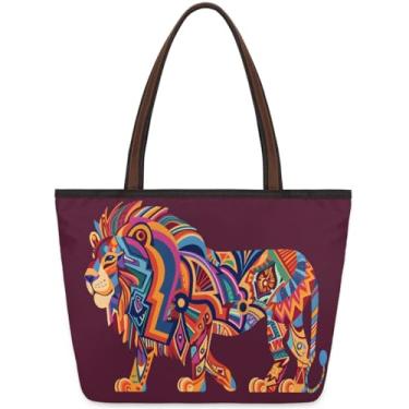 Imagem de Bolsa grande para mulheres animal leão étnico colorido trabalho sacos de pano com zíper reutilizável mercearia bolsa casual viagem pernoite tote bolsas adequadas para viagens, trabalho, férias, praia