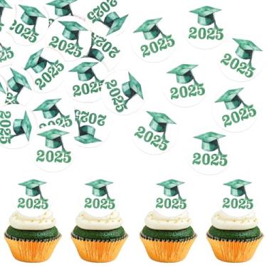 Imagem de 60 Pack Edible Class of 2025 Cap Cupcake Toppers Wafer Paper Graduation 2025 Cupcake Picks Congrats Grad Graduation Cake Decorations Party Supplies Green