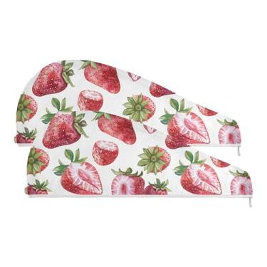Imagem de SEHANY Toalha de cabelo de microfibra de morangos rosa aquarela para mulheres, 2 peças, turbantes de cabelo de secagem rápida com botão, touca de cabelo seco absorvente toalha de secagem de cabelo