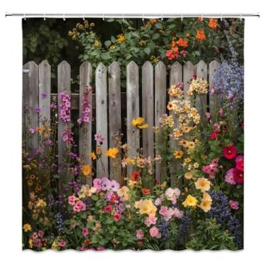 Imagem de Cortina de chuveiro de jardim rústica vintage cerca de madeira com flores coloridas primavera floral natureza cena decoração banheiro cortinas de poliéster com ganchos, 70Lx70L