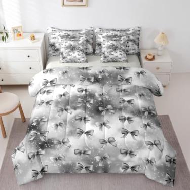 Imagem de Erosebridal Jogo de cama solteiro com laço e laço - cama de laço preto em uma bolsa, conjunto de edredom com lençóis, estampa de estrelas de princesa, conjunto de cama de 7 peças, decoração de quarto