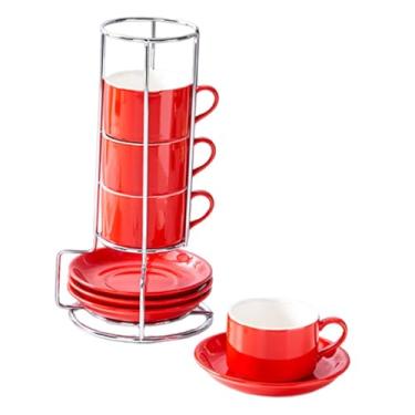 Imagem de KiBcsLic Conjunto de 4 xícaras de café de cerâmica com pires e suporte decorativo. Utensílio multifuncional, e inovador para presentear em, Vermelho