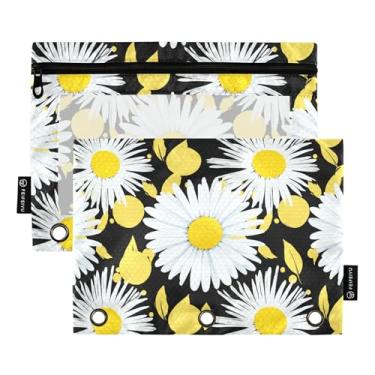 Imagem de Pasta de lápis para meninos com 3 anéis, bolsa de lápis, fichário com zíper, fichário transparente, estojo para canetas, margaridas brancas, centros amarelos 25 x 18 cm, 2 pacotes