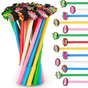 Imagem de LiYiQ 25 canetas de desenho animado de heróis fofas para crianças, Kawaii Hero Boom Wow Pow Conversation, caneta de tinta preta de gel, canetas fofas para escola, escritório, casa, estudante, presente